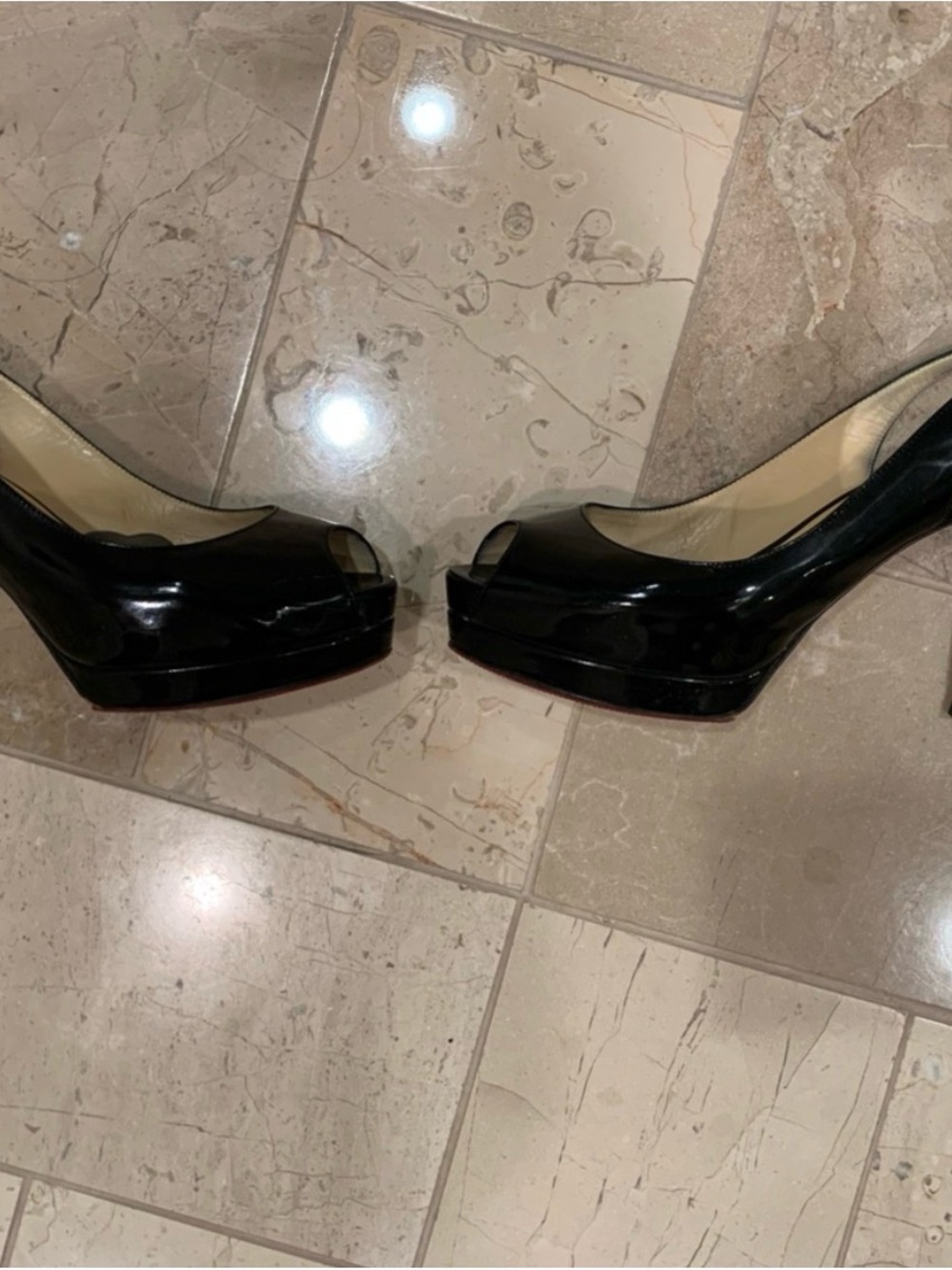Authentic Christian Louboutin Black Patent Peep-Toe Platform Pumps